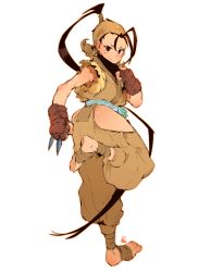 Rule 34 | 1girl, andrewcockroach, antenna hair, baggy pants, bandaged foot, bandages, bandana, barefoot, belt, between fingers, black hair, blush stickers, brown eyes, brown gloves, fingerless gloves, full body, gloves, highres, hip vent, holding, holding weapon, ibuki (street fighter), japanese clothes, knife, light smile, long hair, looking at viewer, mask, mask pull, mouth mask, ninja, pants, sleeveless, soles, solo, standing, standing on one leg, street fighter, street fighter iii (series), throwing knife, toes, very long hair, weapon, white background, white belt