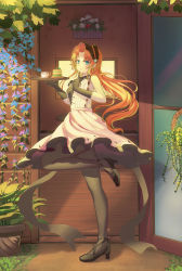Rule 34 | 1girl, absurdres, azur lane, black footwear, black gloves, blue eyes, blue flower, bodystocking, breasts, dress, flower, from side, gloves, high heels, highres, holding, holding tray, leg up, long hair, looking at viewer, medium dress, official alternate costume, orange hair, satsuki (swkerc), see-through, see-through dress, shoes, sleeveless, sleeveless dress, small breasts, solo, standing, standing on one leg, tray, vanguard (azur lane), vanguard (half-hearted masquerade) (azur lane), white dress
