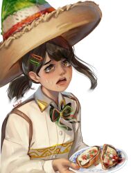 Rule 34 | 1girl, black hair, brown eyes, chainsaw man, food, hair ornament, hairclip, hat, higashiyama kobeni, highres, holding, holding plate, kimy list, mexico, mole, mole on cheek, mole under eye, mole under mouth, multiple moles, open mouth, plate, short ponytail, signature, simple background, single sidelock, solo, sombrero, spanish commentary, taco, tearing up, upper body, white background