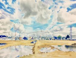 Rule 34 | apartment, blue sky, chimney, day, didi daisukedoi, factory, highres, house, no humans, original, painting (medium), puddle, reflection, reflective water, sky, smoke trail, tower, town, traditional media, tree, utility pole, water, watercolor (medium)