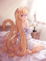 Rule 34 | 1girl, animal ear fluff, animal ears, ass, bare shoulders, barefoot, bed, blonde hair, blue eyes, blush, bottomless, cat ears, cat tail, commentary request, covering privates, covering breasts, dress shirt, feet, from behind, hanazono serena, hanazono serena (channel), hands on own chest, highres, indoors, lamp, long hair, looking back, naked shirt, off shoulder, pillow, sa jitsu, shirt, sitting, soles, solo, tail, thighs, very long hair, virtual youtuber, white shirt, window