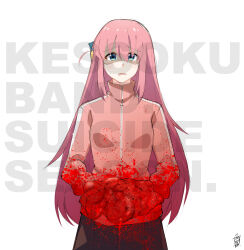 Rule 34 | 1girl, album cover redraw, blood, bocchi the rock!, bring me the horizon, commentary, cube hair ornament, derivative work, english commentary, english text, entrails, equ4lhate, gotoh hitori, guro, hair between eyes, hair ornament, highres, holding entrails, jumpsuit, long hair, organs, pink hair, shaded face, signature, sweatdrop, white background