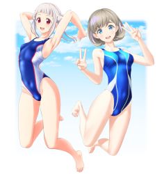 Rule 34 | 2girls, absurdres, arashi chisato, barefoot, blue eyes, blue one-piece swimsuit, blue sky, blunt bangs, breasts, clothes writing, cloud, collarbone, competition swimsuit, covered navel, double bun, double v, full body, grey hair, hair bun, highres, jumping, long hair, looking at viewer, love live!, love live! superstar!!, medium breasts, multicolored clothes, multicolored swimsuit, multiple girls, one-piece swimsuit, open mouth, parted bangs, red eyes, round teeth, short hair, simple background, single sidelock, sky, small breasts, smile, solo, swimsuit, takafumi, tang keke, teeth, twintails, upper teeth only, v, white background, white hair