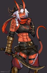 Rule 34 | 1girl, abs, absurdres, bandana, belt, black sclera, bracelet, colored sclera, colored skin, demon, demon horns, demon tail, earrings, ezzydraws, gauntlets, highres, horns, jewelry, looking at viewer, muscular, muscular female, orange eyes, original, pointy ears, pouch, red skin, sharp teeth, short hair, shorts, solo, sword, tail, tank top, teeth, tiefling, toned, tongue, tongue out, weapon, white hair