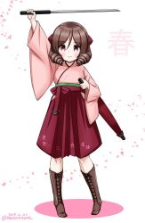 Rule 34 | 1girl, adapted costume, boots, bow, brown footwear, brown hair, cherry blossoms, closed umbrella, commentary request, cross-laced footwear, drill hair, full body, hair bow, hakama, hakama skirt, harukaze (kancolle), high heel boots, high heels, holding, holding sword, holding weapon, japanese clothes, kantai collection, katana, kimono, looking at viewer, masara (chuujou), meiji schoolgirl uniform, oil-paper umbrella, one-hour drawing challenge, petals, pink kimono, red bow, red eyes, red hakama, skirt, smile, solo, sword, twin drills, umbrella, weapon, white background