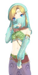 Rule 34 | 1boy, asymmetrical bangs, bandeau, blonde hair, blue eyes, bridal gauntlets, bridal veil, commentary request, covered mouth, crossdressing, detached sleeves, gerudo set (zelda), halterneck, highres, link, looking at viewer, male focus, meimone, midriff, mouth veil, navel, nintendo, official alternate costume, pointy ears, simple background, solo, standing, stomach, the legend of zelda, the legend of zelda: breath of the wild, trap, veil, white background