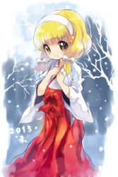Rule 34 | 10s, 1girl, 2015, alternate costume, alternate hairstyle, blonde hair, blush, bow, cure peace, hair bow, hairband, hakama, hakama skirt, japanese clothes, kise yayoi, long hair, miko, peacemaker777, precure, red hakama, skirt, smile, smile precure!, solo, twintails, white hairband, yellow eyes