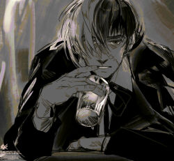 Rule 34 | 0xconfig, 1boy, artist logo, azpainter (medium), black jack (character), black jack (series), bow, bowtie, coat, collared shirt, commentary request, cup, drinking glass, elbow rest, elbows on table, hair over one eye, holding, holding cup, lapels, long sleeves, looking at viewer, male focus, monochrome, multicolored hair, notched lapels, open clothes, open coat, scar, scar on face, shirt, short hair, solo, split-color hair, table, wing collar