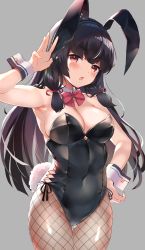 Rule 34 | 1girl, animal ears, armpits, black hair, black leotard, blush, bow, bowtie, breasts, collar, cowboy shot, detached collar, fake animal ears, fingernails, fishnet pantyhose, fishnets, grey background, hair ribbon, highres, isokaze (kancolle), kantai collection, large breasts, leotard, long hair, looking at viewer, monoto, open mouth, pantyhose, playboy bunny, rabbit ears, rabbit pose, rabbit tail, red bow, red eyes, red neckwear, ribbon, simple background, tail, wrist cuffs