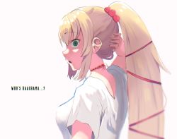 Rule 34 | 1girl, akai haato, aqua eyes, blonde hair, commentary, empty eyes, english text, foxxarius, hair ornament, hair ribbon, hand on own head, heart, heart hair ornament, highres, hololive, looking at viewer, open mouth, ponytail, ribbon, shirt, simple background, solo, stitched neck, stitches, virtual youtuber, white background, white shirt