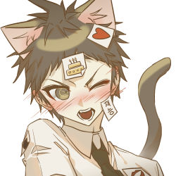Rule 34 | 1boy, animal ears, annoyed, blush, brown hair, cake print, cat boy, cat ears, cat tail, collared shirt, commentary request, danganronpa (series), danganronpa 2: goodbye despair, extra ears, fang, heart, hinata hajime, kemonomimi mode, male focus, necktie, one eye closed, open mouth, shirt, short hair, simple background, solo, tail, translation request, white background, white shirt, yomu (dangan yomu)