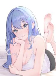 Rule 34 | 1girl, alternate breast size, armpit crease, barefoot, black shorts, blue hair, blush, breasts, closed mouth, collarbone, eyelashes, feet, feet up, hair between eyes, head rest, hololive, hoshimachi suisei, indoors, looking at viewer, lying, medium breasts, on stomach, short shorts, shorts, smile, soles, solo, star (symbol), star in eye, strap slip, syakoko03, symbol in eye, tank top, the pose, toes, virtual youtuber, white background, white tank top