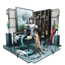 Rule 34 | 1girl, alternate costume, arknights, arm rest, bare legs, bead bracelet, beads, black hair, blue flower, bonsai, bracelet, breasts, china dress, chinese clothes, closed mouth, colored skin, commentary request, crossed legs, dragon girl, dragon horns, dragon tail, drawing (object), dress, dusk (arknights), dusk (bloom moon) (arknights), earrings, feather boa, flower, flower pot, full body, green hair, green skin, hand fan, high heels, highres, holding, holding fan, horns, indoors, jewelry, leaf, long hair, looking at viewer, medium breasts, multicolored hair, paper fan, plant, pointy ears, potted plant, print dress, red eyes, scroll, shelf, short sleeves, sidelocks, sitting, sitting on table, solo, streaked hair, sword, tail, uchiwa, weapon, white dress, yellow flower, yuuki mix