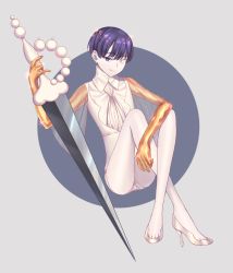 Rule 34 | 1other, androgynous, artist request, bad id, bad pixiv id, blue eyes, blue hair, golden arms, grey background, heterochromia, high heels, highres, houseki no kuni, knees to chest, looking at viewer, necktie, phosphophyllite, phosphophyllite (ll), see-through, short hair, sitting, smile, solo, sparkle, spoilers, sword, weapon, white eyes