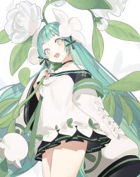 Rule 34 | 1girl, black choker, black kimono, blunt bangs, blush, bow, choker, clover print, commentary, cowboy shot, flat chest, flower, gradient eyes, green eyes, green hair, green kimono, hair ornament, hakushi (masterwork apocalypse), hand on own chest, highres, hikimayu, japanese clothes, kaoruko (unkrk55), kimono, leaf, long hair, looking at viewer, masterwork apocalypse, multicolored clothes, multicolored eyes, multicolored kimono, multiple bows, off shoulder, open mouth, short kimono, sleeves past fingers, sleeves past wrists, smile, solo, very long hair, white background, white bow, white flower, wide sleeves, yellow eyes
