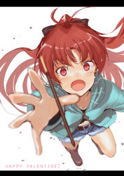 10s 1girl fangs female_focus food hair_ribbon happy_valentine hood hoodie jyon letterboxed long_hair mahou_shoujo_madoka_magica mahou_shoujo_madoka_magica_(anime) open_mouth outstretched_arm outstretched_hand pocky red_eyes red_hair ribbon sakura_kyoko shorts solo valentine