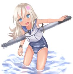 Rule 34 | 10s, 1girl, :d, baram, blonde hair, blue eyes, bracelet, crop top, flower, hair flower, hair ornament, jewelry, kantai collection, long hair, one-piece swimsuit, one-piece tan, open mouth, partially submerged, ro-500 (kancolle), school swimsuit, school uniform, serafuku, smile, solo, swimsuit, tan, tanline, thigh gap, thighs, torpedo, wading, water