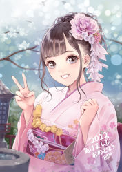 Rule 34 | 1girl, animification, black eyes, black hair, cherry blossoms, commentary, floral print, highres, japanese clothes, kimono, kitou akari, long hair, looking at viewer, minato asuka, new year, pink kimono, real life, sidelocks, smile, solo, upper body, v, voice actor