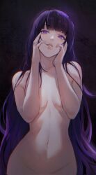 Rule 34 | 1girl, black background, breasts, commentary, convenient arm, genshin impact, groin, hands on own face, hands up, highres, long hair, medium breasts, navel, nokkusuart, nude, purple eyes, purple hair, raiden shogun, simple background, solo, stomach, upper body, very long hair