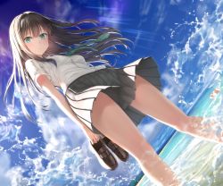 Rule 34 | 1girl, beach, blue sky, breasts, brown footwear, brown hair, closed mouth, cloud, cloudy sky, commentary request, day, from behind, from below, green eyes, green necktie, grey skirt, hair between eyes, highres, holding, holding shoes, horizon, idolmaster, idolmaster cinderella girls, kachayori, lifebuoy, loafers, long hair, looking at viewer, looking down, necktie, ocean, outdoors, pleated skirt, sand, school uniform, shibuya rin, shirt, shoes, short sleeves, skirt, sky, small breasts, solo, standing, striped necktie, striped neckwear, swim ring, unworn shoes, very long hair, wading, water, water drop, white shirt