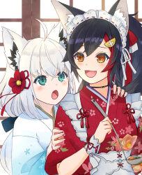 Rule 34 | 2girls, ahoge, animal ear fluff, animal ears, apron, black hair, blush, bow, braid, commentary request, earrings, floral print, flower, fox ears, fox girl, green eyes, hair between eyes, hair bow, hair flower, hair ornament, hairclip, highres, holding, holding ladle, hololive, indoors, japanese clothes, jewelry, kimono, ladle, long hair, looking at another, maid apron, mia960, multicolored hair, multiple girls, new year, ookami mio, ookami mio (new year), open mouth, ponytail, red hair, red kimono, shirakami fubuki, shirakami fubuki (new year), sidelocks, single braid, streaked hair, virtual youtuber, white hair, white kimono, wolf ears, wolf girl, yellow eyes