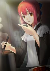 Rule 34 | 1girl, apron, black kimono, blue bow, bow, chien0mi, commentary request, cookie, food, hair between eyes, hair bow, half updo, highres, indoors, japanese clothes, kimono, kitchen, kohaku (tsukihime), looking at viewer, maid, maid apron, open mouth, red hair, short hair, solo, tongue, tsukihime, upper body, wa maid, white apron, wide sleeves, yellow eyes