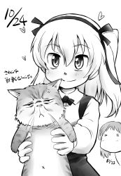 Rule 34 | 2girls, = =, absurdres, anger vein, animal, cat, collared shirt, commentary request, dated, greyscale, heart, highres, holding, holding animal, holding cat, konkon, monochrome, multiple girls, one side up, original, shirt, simple background, smile, translation request
