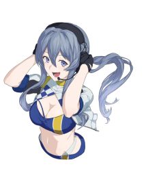 Rule 34 | 1girl, bandeau, black gloves, blue bandeau, blue eyes, blue hair, breasts, cleavage, cropped jacket, cropped torso, gloves, gotland (kancolle), headphones, headset, jacket, kantai collection, long hair, medium breasts, mole, mole under eye, race queen, simple background, solo, tsukira (amayadori), white background, white jacket