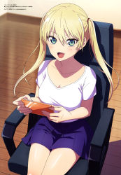 Rule 34 | 1girl, :d, absurdres, aqua inc., blonde hair, blue shorts, breasts, cellphone, chair, cleavage, collarbone, fangs, green eyes, hair between eyes, highres, holding, holding phone, hoshizaki rika (kanojo mo kanojo), indoors, kanojo mo kanojo, looking at viewer, medium breasts, official art, open mouth, phone, scan, shirt, shorts, sitting, smartphone, smile, solo, twintails, white shirt, wooden floor