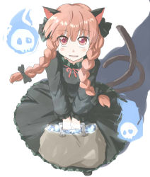 Rule 34 | 1girl, animal ears, ao-shiba, bag, blush stickers, braid, cat ears, cat tail, dress, fang, from above, hitodama, holding, holding bag, kaenbyou rin, looking at viewer, multiple tails, nekomata, red eyes, red hair, shadow, skull, solo, tail, touhou, twin braids, v arms