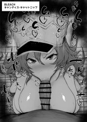 Rule 34 | 1boy, 1girl, :&gt;=, angry, bar censor, bleach, blush, breasts, candice catnipp, censored, copyright name, erection, fellatio, greyscale, hat, hetero, kurotama, large breasts, long hair, looking at viewer, mixed-language text, monochrome, nose blush, oral, peaked cap, penis, pov, pov crotch, saliva, solo focus, squatting, sweat, tile floor, tiles