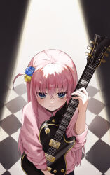 Rule 34 | 1girl, absurdres, blue eyes, blush, bocchi the rock!, checkered floor, closed mouth, commentary, cube hair ornament, electric guitar, facing viewer, from above, gibson les paul, gotoh hitori, guitar, hair between eyes, hair ornament, hand up, highres, holding, holding instrument, instrument, jacket, long bangs, long hair, long sleeves, looking away, nanami (u nanamiii), one side up, pink hair, pink jacket, sleeves rolled up, solo, spotlight, standing, upper body