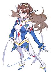 Rule 34 | 1girl, arika yumemiya, blue eyes, bodysuit, brown hair, dated, expressionless, floating hair, from above, full body, long hair, my-otome, signature, solo, standing, towtow redoland, white background