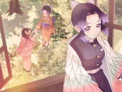 Rule 34 | 3girls, absurdres, aged down, belt, black hair, blurry, breasts, butterfly hair ornament, child, demon slayer uniform, depth of field, floating hair, geta, hair ornament, haori, highres, holding hands, indoors, japanese clothes, kimetsu no yaiba, kimono, kochou kanae, kochou shinobu, leaning back, long hair, long sleeves, looking afar, multiple girls, obi, off shoulder, open window, outstretched arm, outstretched arms, own hands together, purple eyes, purple hair, remembering, sash, siblings, sidelocks, sisters, solo focus, standing, tabi, tree shade, updo, user vstz7772, wind, window