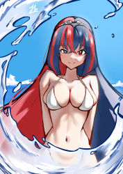 Rule 34 | 1girl, alear (female) (fire emblem), alear (fire emblem), beach, blue eyes, blue hair, breasts, fire emblem, fire emblem engage, heterochromia, highres, jiaban1216, large breasts, long hair, looking at viewer, multicolored hair, navel, nintendo, red eyes, red hair, sideboob, smile, solo, swimsuit, tiara, very long hair, water
