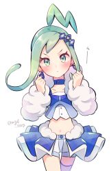 Rule 34 | 1girl, :&lt;, arm warmers, blue choker, blush, choker, clenched hands, closed mouth, commentary request, creatures (company), crop top, earrings, game freak, green eyes, green hair, hair ornament, high ponytail, highres, jewelry, lisia (pokemon), looking at viewer, midriff, navel, nintendo, pokemon, pokemon oras, short shorts, shorts, shorts under skirt, showgirl skirt, single thighhigh, solo, thighhighs, twitter username, white background, white shorts, white thighhighs, zeroki (izuno)