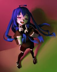 Rule 34 | 1girl, ahoge, black footwear, black shorts, black sweater, black thighhighs, blue hair, fang, from above, gym shorts, highres, long hair, long sleeves, looking at viewer, open mouth, original, pointing, pointing up, purple eyes, shadow, shoes, shorts, smile, sneakers, solo, standing, sweater, thighhighs, ufoshock, wide sleeves
