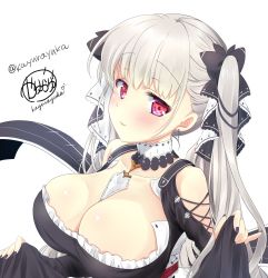 Rule 34 | 1girl, artist name, azur lane, black dress, blush, breasts, cleavage, clothes lift, collared dress, commentary request, dress, dress lift, earrings, formidable (azur lane), frilled dress, frills, hair between eyes, hair ribbon, highres, holding, holding clothes, holding dress, jewelry, kayura yuka, large breasts, lifting own clothes, looking at viewer, looking to the side, nail polish, red eyes, ribbon, signature, silver hair, simple background, skirt, skirt lift, solo, twintails, upper body, white background