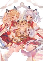 Rule 34 | &gt; o, 2girls, absurdres, animal ears, animal hands, bare shoulders, blonde hair, blush, cheek pinching, cindala (granblue fantasy), detached sleeves, dress, fang, granblue fantasy, highres, huang (granblue fantasy), laolao (granblue fantasy), long hair, looking at viewer, mayutsuba mono, multiple girls, one eye closed, open mouth, orange eyes, pai (granblue fantasy), parted lips, paw shoes, petticoat, pinching, red dress, siblings, sisters, skin fang, sleeveless, sleeveless dress, tail, tiger, tiger cub, tiger ears, tiger girl, tiger paws, tiger tail, twintails, v, white hair, wide sleeves