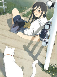Rule 34 | 1girl, bag, bike shorts, black hair, cat, glasses, grass, green eyes, happy, morifumi, original, school uniform, sitting, sitting on stairs, skirt, solo, stairs, too many, too many cats
