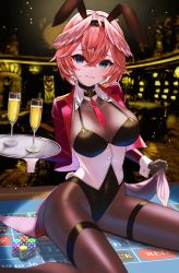 Rule 34 | 1girl, animal ears, black leotard, blush, breasts, brown pantyhose, cleavage, closed mouth, crossed bangs, cup, drinking glass, fake animal ears, hair between eyes, head wings, highres, holding, holding tray, hololive, inari (ambercrown), indoors, jacket, large breasts, leotard, long sleeves, looking at viewer, necktie, open clothes, open jacket, pantyhose, pink hair, playboy bunny, poker chip, rabbit ears, red jacket, red necktie, short hair, sitting, sitting on table, solo, takane lui, thigh strap, tray, underbust, virtual youtuber, wings