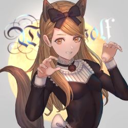 Rule 34 | 1girl, absurdres, akainoda, animal ears, blonde hair, blush, bow, claw pose, dress, extra ears, fang, grin, hair bow, highres, jinrou judgment, long hair, looking at viewer, sandra (jinrou judgment), smile, solo, tail, wolf ears, wolf girl, wolf tail, yellow eyes