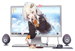 1girl, absurdres, ahoge, black coat, black dress, blue eyes, blush, braid, brand name imitation, cable, cloud, cloudy sky, coat, commentary, desktop, dress, drooling, elbow gloves, finger to mouth, fingerless gloves, food, gloves, haagen-dazs, hair ornament, heart, highres, ice cream, ice cream cup, ice cream spoon, keyboard (computer), kizuna akari, leaning forward, lid, light blush, long hair, looking down, monitor, mouse (computer), mousepad, mousepad (object), mouth drool, open mouth, orange gloves, shirinda fureiru, silver hair, sky, smile, sparkle, sparkling eyes, speaker, spoon, star (symbol), star print, through screen, twin braids, upper body, vocaloid, voiceroid, white background, wristband
