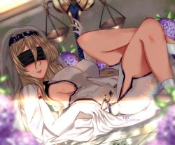 Rule 34 | 10s, 1girl, artist name, black blindfold, blindfold, blonde hair, breasts, chiinyan, detached sleeves, dress, covered erect nipples, goblin slayer!, highres, holding, large breasts, long hair, lying, on back, sideboob, sword maiden