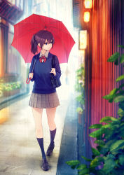 Rule 34 | 1girl, absurdres, alley, bag, bag charm, black footwear, blue eyes, blue socks, blue sweater, blurry, blurry background, blurry foreground, bow, bowtie, brown skirt, charm (object), day, flower pot, full body, fuyuno yuuki, highres, holding, holding umbrella, kneehighs, lantern, loafers, long hair, long sleeves, looking away, looking to the side, original, outdoors, parted lips, plaid, plaid skirt, plant, pleated skirt, potted plant, puddle, purple hair, rain, red bow, red bowtie, school bag, shoes, shoulder bag, signature, skirt, smile, socks, solo focus, stone floor, sweater, umbrella, walking, wall, water