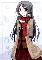 Rule 34 | 1girl, arms behind back, bad id, bad pixiv id, black hair, blue eyes, blush, breath, coat, gotyou, long hair, looking at viewer, original, red scarf, scarf, solo