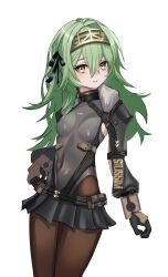 Rule 34 | 1girl, armored gloves, belt pouch, black bodysuit, black ribbon, black skirt, bodysuit, breasts, closed mouth, covered navel, fur collar, goddess of victory: nikke, green hair, hair ribbon, hairband, kilo (nikke), long hair, long sleeves, pouch, ribbon, simple background, skin tight, skirt, small breasts, smile, solo, type09 sachi, white background, yellow eyes