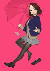 Rule 34 | 1girl, :d, black pantyhose, breasts, brown eyes, brown hair, cellphone, feet, forehead, full body, highres, jacket, loafers, looking at viewer, medium breasts, miru tights, open mouth, pantyhose, phone, pink background, pleated skirt, school uniform, shoes, unworn shoes, short hair, simple background, single shoe, skirt, sleeves past wrists, smartphone, smile, solo, umbrella, yomu (sgt epper)