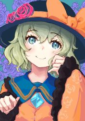 Rule 34 | 1girl, aqua eyes, blouse, blue background, blue flower, blue rose, blush, bow, brooch, closed mouth, eyelashes, floral background, floral print, flower, frilled shirt collar, frills, green hair, hair between eyes, hand on own cheek, hand on own face, hat, hat bow, hat flower, highres, jewelry, komeiji koishi, looking at viewer, orange bow, orange shirt, red flower, rose, shirt, short hair, smile, solo, touhou, upper body, wide sleeves, yuma (user zuft7485)