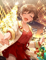 Rule 34 | 1girl, ^ ^, ^o^, ahoge, backlighting, bad id, bad pixiv id, bag, bell, blurry, blurry background, blush, bow, breasts, brown hair, christmas tree, city, cleavage, closed eyes, coat, collarbone, cowboy shot, depth of field, dress, earrings, closed eyes, facing viewer, foreshortening, fur-trimmed sleeves, fur trim, glint, green bow, hair ornament, happy, highres, holding hands, honda mio, idolmaster, idolmaster cinderella girls, jewelry, long sleeves, medium breasts, nail polish, necklace, open clothes, open coat, outdoors, pink nails, pov, red bow, red dress, revision, sash, shopping bag, short hair, snowflake hair ornament, solo focus, standing, star (symbol), striped, striped bow, unbuttoned, white coat, winter clothes, winter coat, zattape